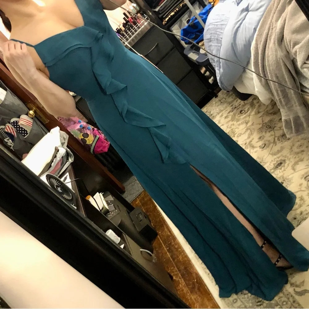 NEW Sheath / Column V-Neck Floor-Length Formal Dress w/ Ruffles - Picture 2 of 14